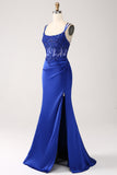 Royal Blue Mermaid Corset Beaded Long Prom Dress with Slit