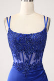 Royal Blue Mermaid Corset Beaded Long Prom Dress with Slit