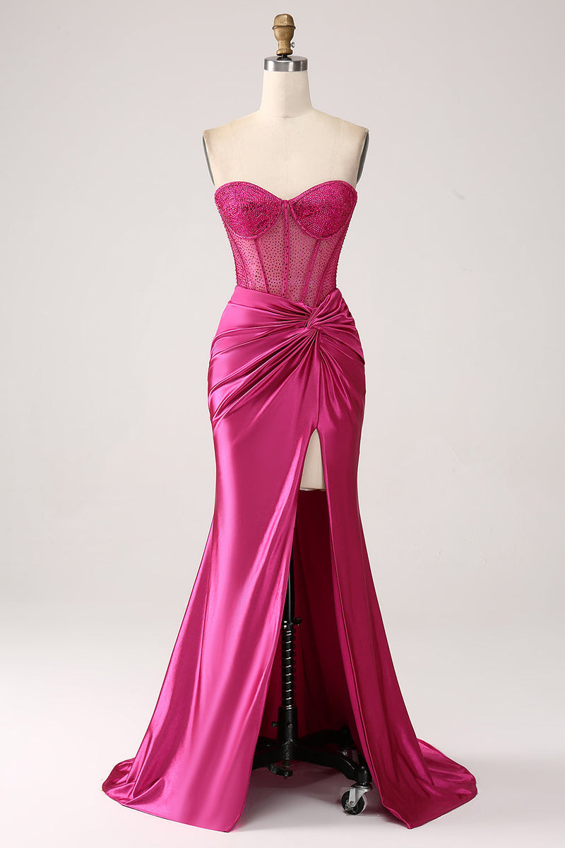 Load image into Gallery viewer, Fuchsia Mermaid Sweetheart Pleated Long Corset Satin Prom Dress With Slit