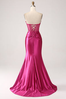 Fuchsia Mermaid Sweetheart Pleated Long Corset Satin Prom Dress With Slit
