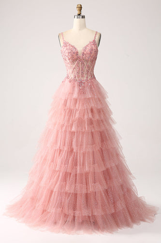 Blush A-Line Spaghetti Straps Tiered Tulle Corset Long Prom Dress