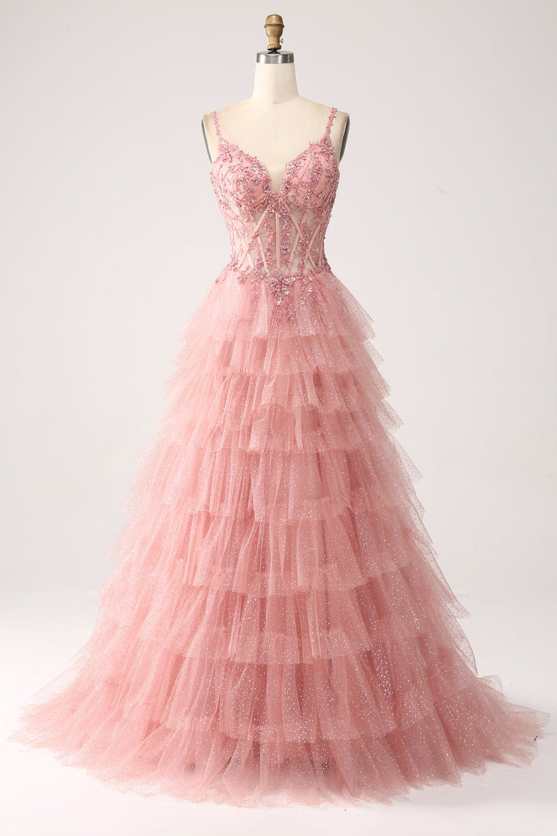 Load image into Gallery viewer, Blush A-Line Spaghetti Straps Tiered Tulle Corset Long Prom Dress