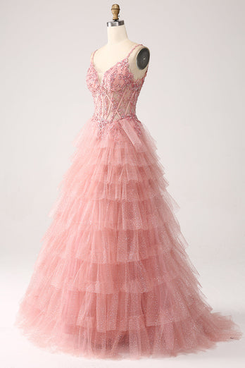 Blush A-Line Spaghetti Straps Tiered Tulle Corset Long Prom Dress