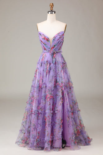 Purple Sweetheart Floral Chiffon A-Line Prom Dress with Ruffles