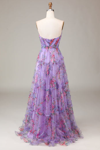 Purple Sweetheart Floral Chiffon A-Line Prom Dress with Ruffles