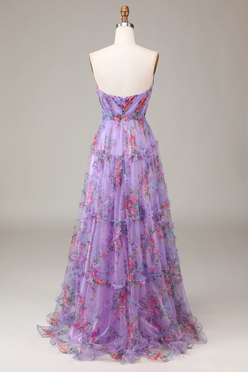 Load image into Gallery viewer, Purple Sweetheart Floral Chiffon A-Line Prom Dress with Ruffles