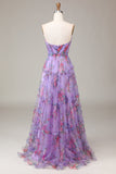 Purple Sweetheart Floral Chiffon A-Line Prom Dress with Ruffles