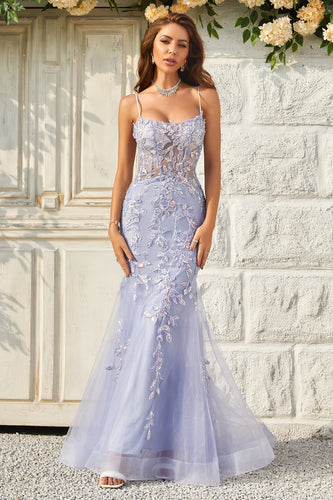 Mermaid Spaghetti Straps Purple Tulle Long Prom Dress With Appliques
