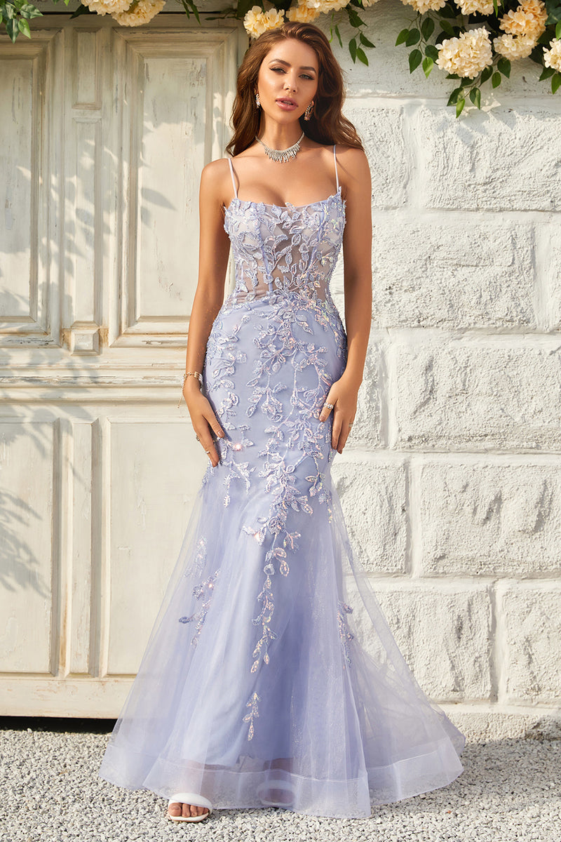 Load image into Gallery viewer, Mermaid Spaghetti Straps Purple Tulle Long Prom Dress With Appliques