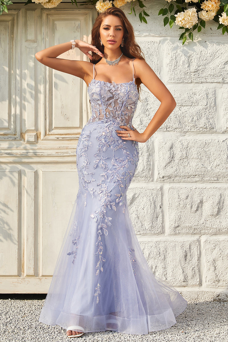 Load image into Gallery viewer, Mermaid Spaghetti Straps Purple Tulle Long Prom Dress With Appliques