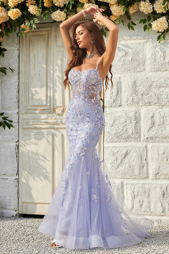 Mermaid Spaghetti Straps Purple Tulle Long Prom Dress With Appliques