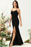 Black Halter Sheath Open Back Long Bridesmaid Dress