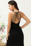 Black Halter Sheath Open Back Long Bridesmaid Dress