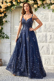 Navy A Line Cold Shoulder Long Prom Dress