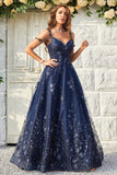 Navy A Line Cold Shoulder Long Prom Dress