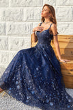 Navy A Line Cold Shoulder Long Prom Dress