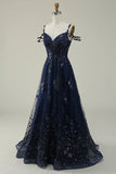 A Line Off the Shoulder Navy Long Prom Dress with Appliques