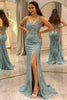 Load image into Gallery viewer, Mermaid Spaghetti Straps Green Long Prom Dress with Split Front