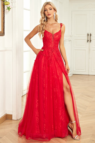 A Line Spaghetti Straps Red Long Prom Dress with Appliques