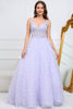 Load image into Gallery viewer, A Line V Neck Purple Long Prom Dress with 3D Flowers