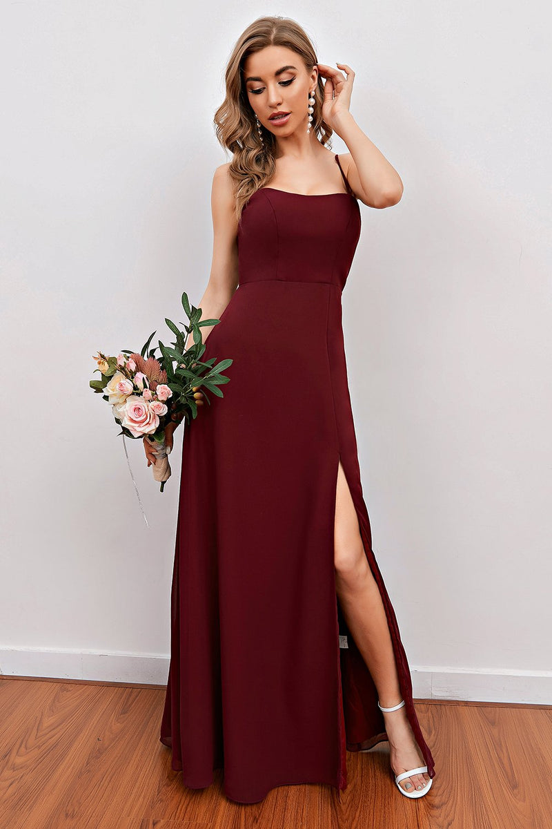 Load image into Gallery viewer, Burgundy Spaghetti Straps Long Bridesmaid Dress with Split