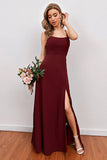 Burgundy Spaghetti Straps Long Bridesmaid Dress with Split