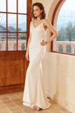 Mermaid Spaghetti Straps White Wedding Dress with Button