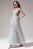 Grey Blue Appliques Prom Dress