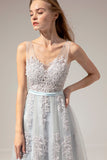 Grey Blue Appliques Prom Dress