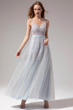 Grey Blue Appliques Prom Dress