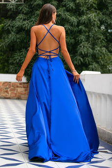Royal Blue Backless Satin Dress