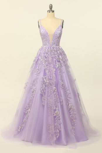 Purple Spaghetti Straps Prom Dress With Appliques