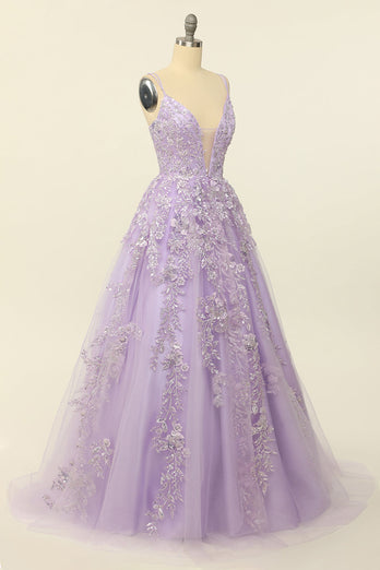 Purple Spaghetti Straps Prom Dress With Appliques