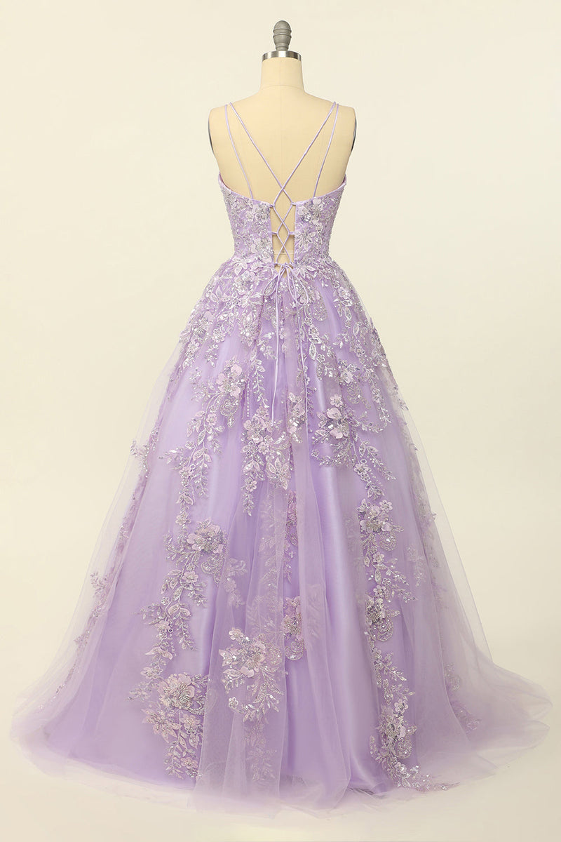 Load image into Gallery viewer, Purple Spaghetti Straps Prom Dress With Appliques