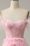 A Line Off the Shoulder Pink Corset Prom Dress with Ruffled Feathers