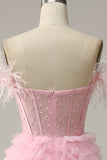 A Line Off the Shoulder Pink Corset Prom Dress with Ruffled Feathers