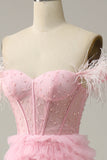 A Line Off the Shoulder Pink Corset Prom Dress with Ruffled Feathers