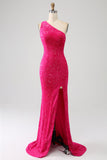 Sparkly Mermaid One Shoulder Fuchsia Sequins Long Prom Dress with Slit