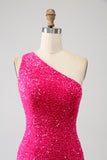 Sparkly Mermaid One Shoulder Fuchsia Sequins Long Prom Dress with Slit