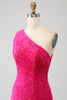 Load image into Gallery viewer, Sparkly Mermaid One Shoulder Fuchsia Sequins Long Prom Dress with Slit