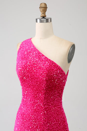 Sparkly Mermaid One Shoulder Fuchsia Sequins Long Prom Dress with Slit