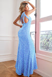 Sparkly Mermaid One Shoulder Fuchsia Sequins Long Prom Dress with Slit