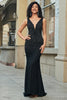 Load image into Gallery viewer, Sparkly Mermaid Deep V Neck Black Lace Long Prom Dress with Beading