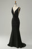 Load image into Gallery viewer, Mermaid Deep V Neck Black Lace Long Prom Dress with Beading