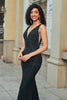 Load image into Gallery viewer, Sparkly Mermaid Deep V Neck Black Lace Long Prom Dress with Beading