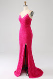 Fuchsia Mermaid Spaghetti Straps Sequin Prom Dress With Split