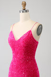 Fuchsia Mermaid Spaghetti Straps Sequin Prom Dress With Split