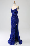 Fuchsia Mermaid Spaghetti Straps Sequin Prom Dress With Split