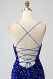 Fuchsia Mermaid Spaghetti Straps Sequin Prom Dress With Split