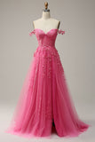 ZAPAKA Women Hot Pink A Line Long Prom Dress Off the Shoulder Tulle Formal Dress with Appliques